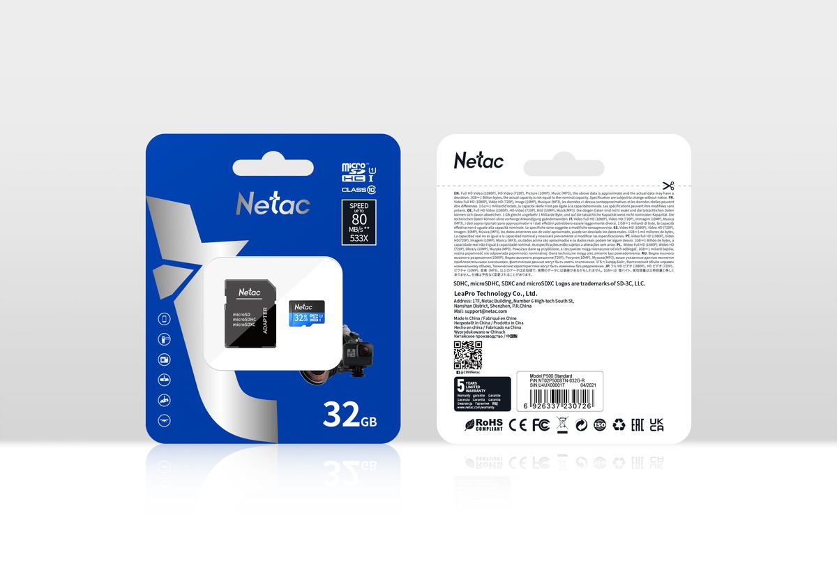 Карта памяти Netac P500 Standard 32GB + адаптер (NT02P500STN-032G-R)