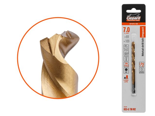 Сверло по металлу шестигр. 7.0х69х109 мм HSS-G TIN GEPARD (многогранная заточка)