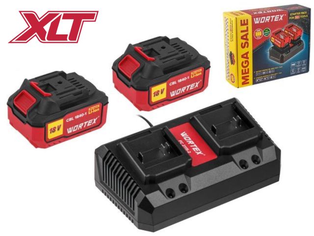 Набор аккумулятор 2х4 А*ч и зарядное устройство 2х2 А WORTEX ALL1 XLT в кор. SET (18.0 В, 2x4.0 А*ч, индикатор заряда, обрезиненный корпус, зарядное: