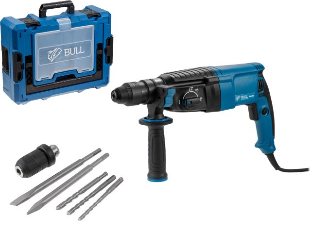 Перфоратор BULL BH 2602 в чем. Xcase 800 Вт, 3.0 Дж, 4 реж. + 2 зубила, 3 сверла, БЗП в комплекте (800 Вт, 3.0 Дж, 4 реж., патрон SDS-plus, БЗП в комп