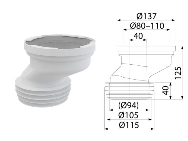 Патрубок для унитаза эксцентрический 40мм, Alcaplast