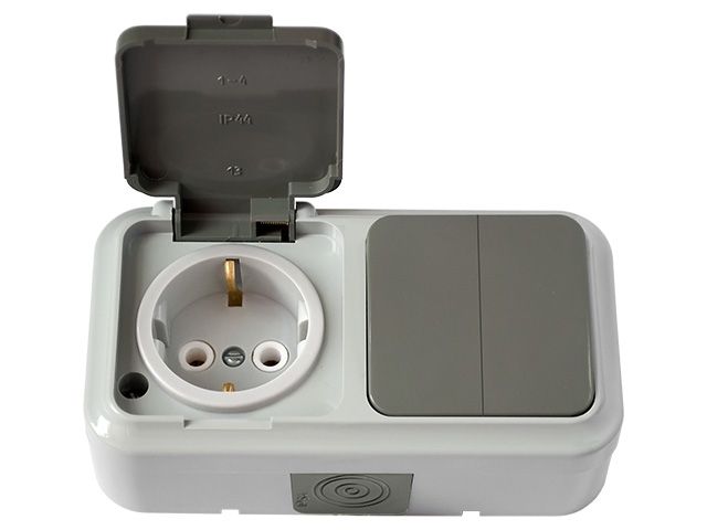 Блок выкл. 2 клав. + розетка (открытая, с/з, брызг. защ.) серая, Пралеска Аква, Bylectrica (IP54 пылебрызгозащищенные)