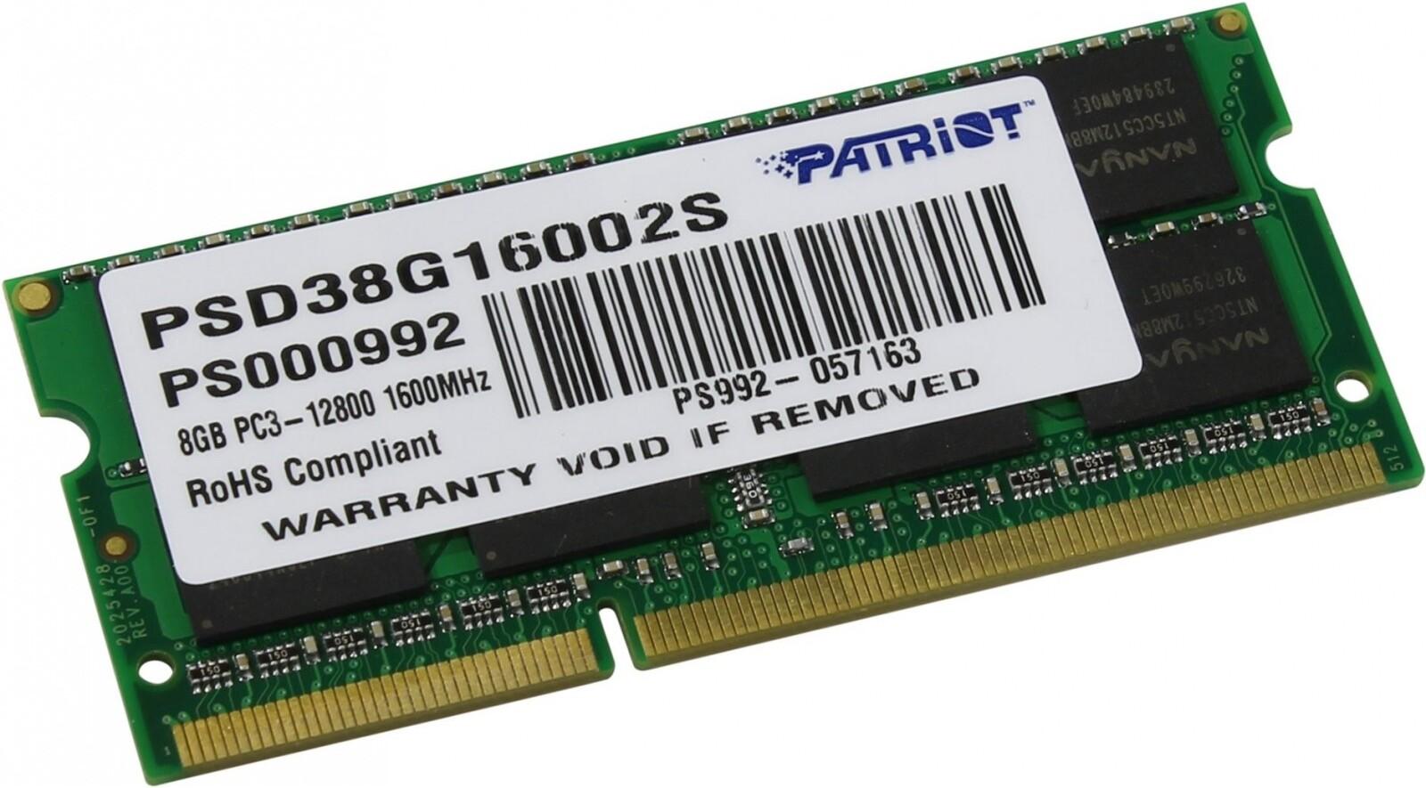 Оперативная память Patriot DDR3-1600 8GB PC-12800 SODIMM (PSD38G16002S)