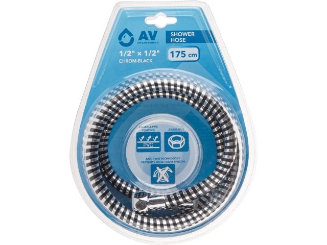 Шланг душевой, PVC, 1/2" г-г 175 см, хром-черн., AV Engineering (Гайка лаутнь (anti-twist), 10 бар)