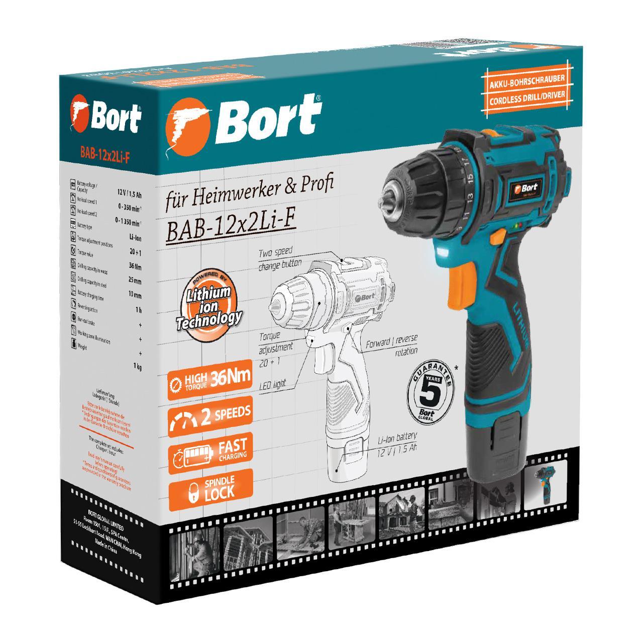 Дрель-шуруповерт Bort BAB-12x2Li-F (93413083)