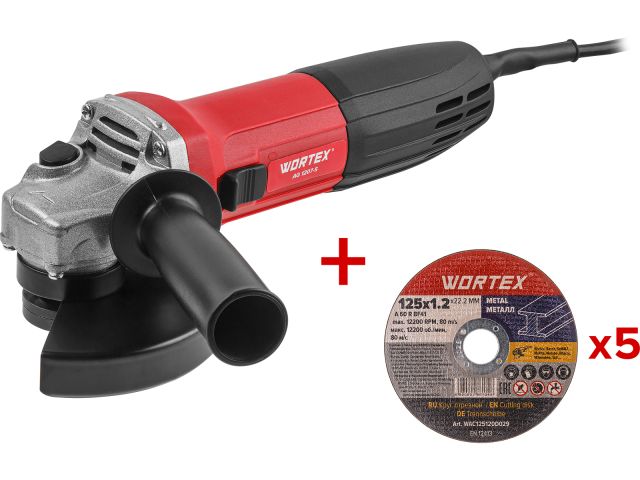 Одноручная углошлифмашина WORTEX AG 1207-5 в кор. 720 Вт, 125 мм, 10 000 об/мин (Пылезащита двигателя и подшипника, 5 отрезных кругов в ПОДАРОК!)