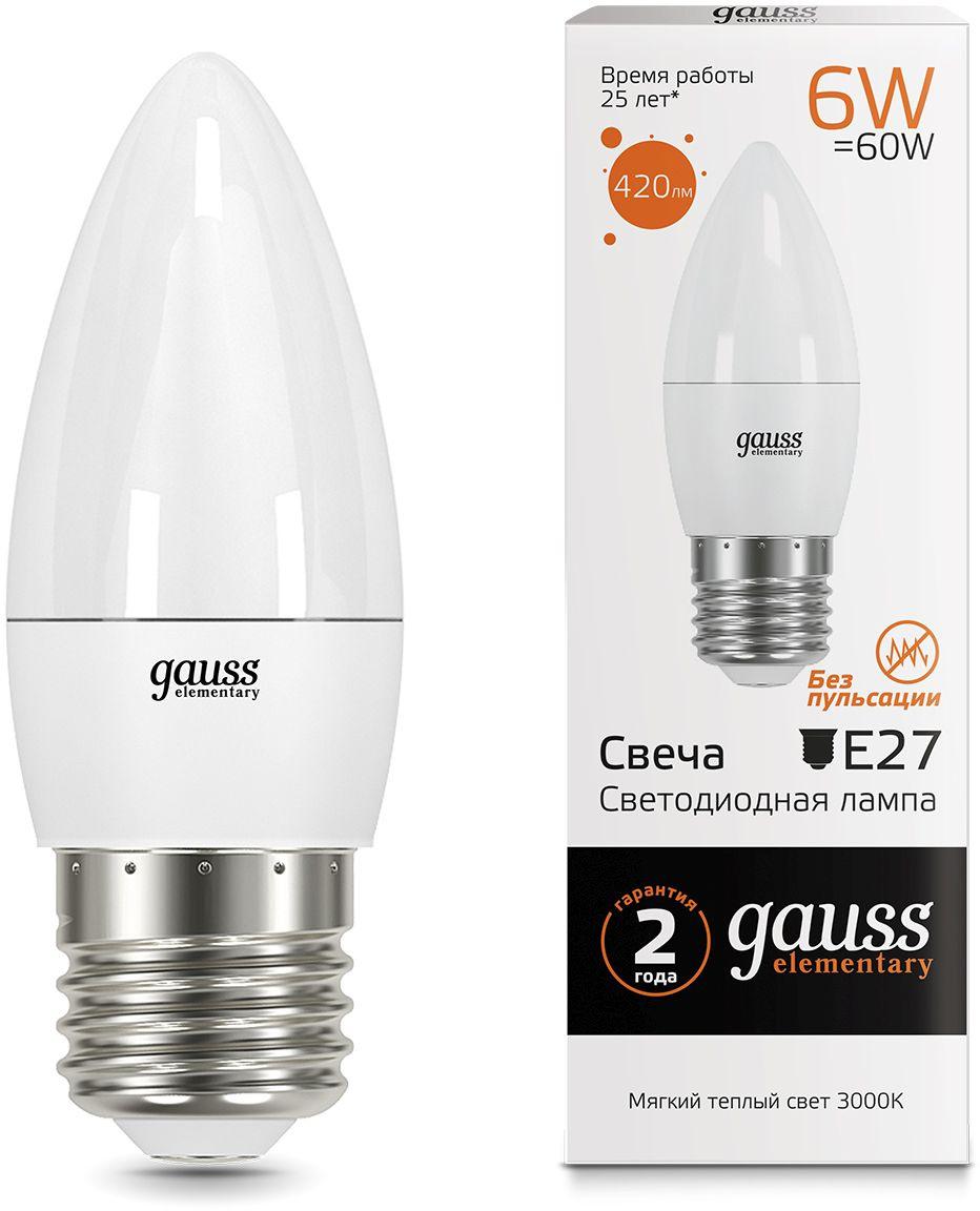 Светодиодная лампочка Gauss LED Elementary Свеча 6W E27 420lm 3000K 1шт (33216)