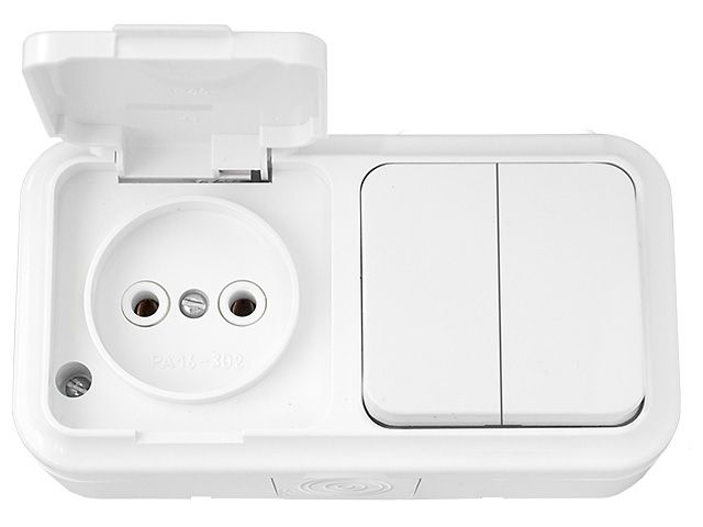 Блок выкл. 2 клав. + розетка (открытая, б/з, брызг. защ.) белая, Пралеска Аква, Bylectrica (IP54 пылебрызгозащищенные)