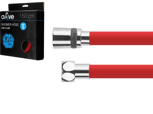 Шланг душевой, Si, 1/2" г-г 150 см, красный, a-five (Гайка латунь (anti-twist), 25 бар)