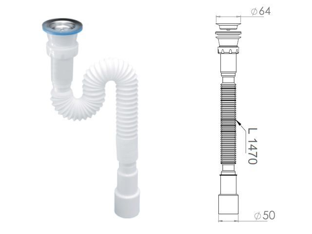 Сифон 1 1/2"х40/50 гофрированный (удлинённый), выпуск 64мм, AV Engineering