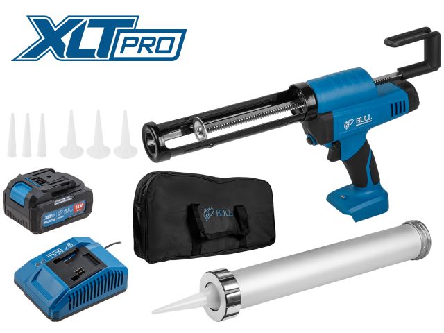 Аккум. пистолет для герметика BULL CG 1860 SET(1х4), сумка, 300/600 мл, 2500 Н, 8,3 мм/с, рег. скор. (защита от вытекания, 2 кг, 2 тубы в комплекте)