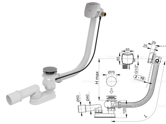 Сифон для ванны с напуском воды через перелив, металл - пластик, Alcaplast