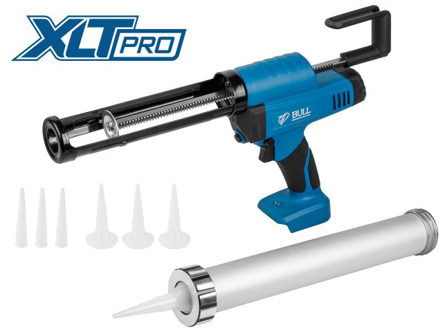 Аккум. пистолет для герметика BULL CG 1860 SOLO, 300/600 мл, 2500 Н, 8,3 мм/с, рег. скор. (защита от вытекания, 2 кг, 2 тубы в комплекте)