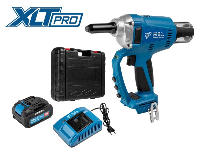 Аккум. заклепочный пистолет BULL CRG 1018 в чем. XLTpro, БЕСЩЕТ., 25 мм, 10000 Н, 1х4 А*ч (2.4, 3.2, 4.0, 4.8 мм, вытяжные, подсветка)