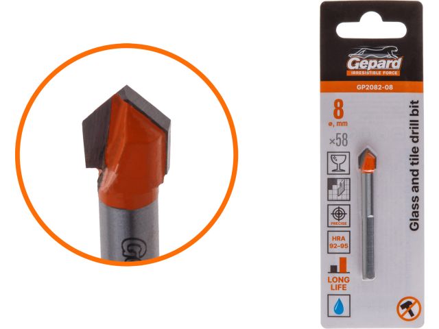Сверло по кафелю/стеклу  8x58 мм трехгр. хвостовик GEPARD (GP2082-08) (по керамической плитке)