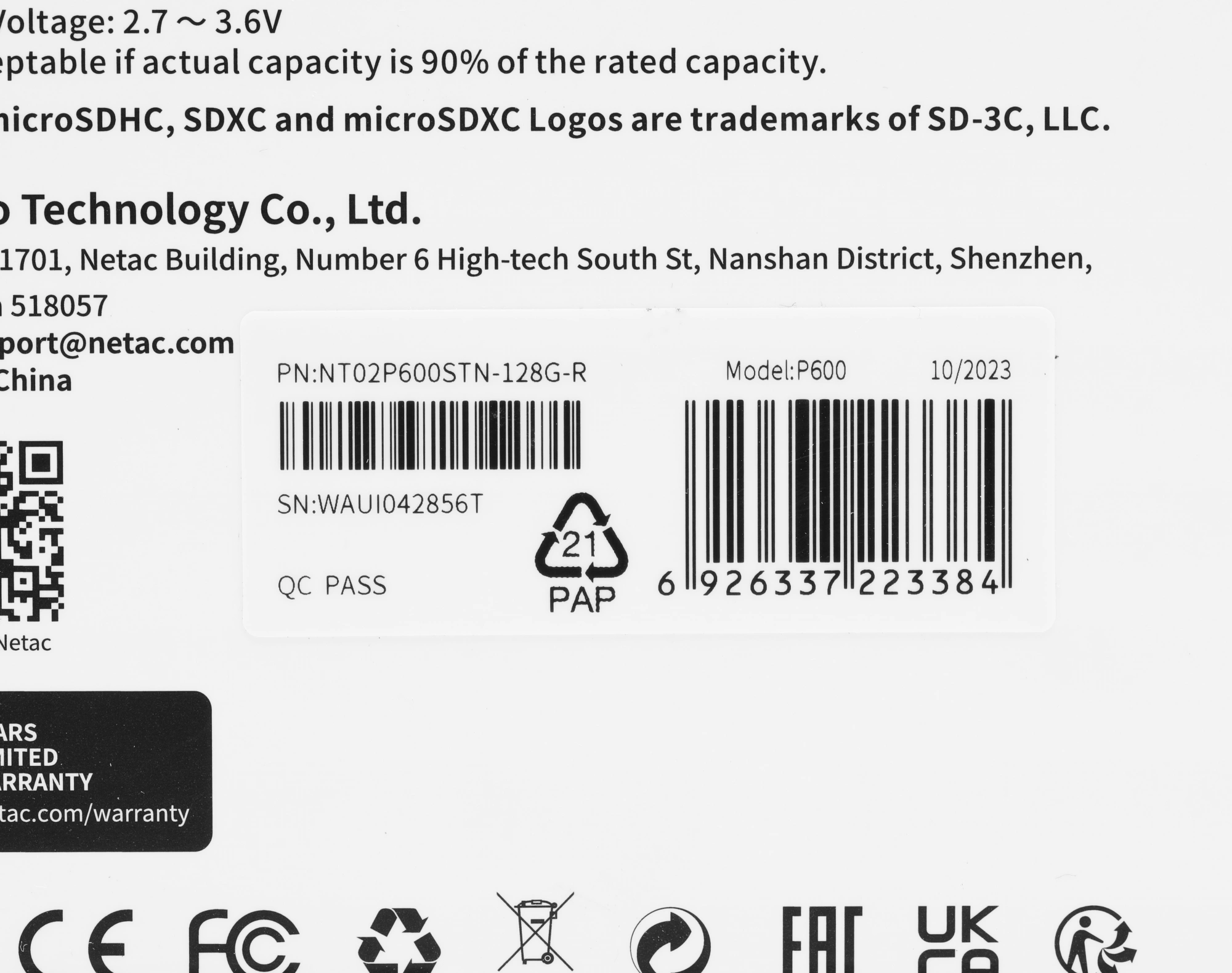 Карта памяти Netac U1/C10 P600 SDXC 128GB (NT02P600STN-128G-R)