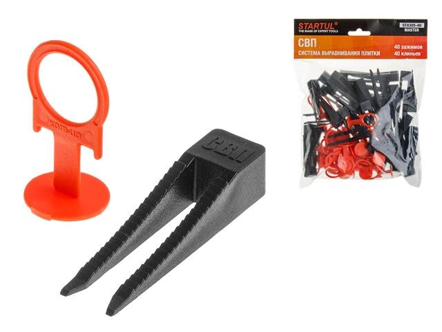 Система выравнивания плитки СВП (зажим 40 шт.+клин черный 40 шт.) STARTUL MASTER (ST4305-40) (Совместим с Зажим для укладки каф. плитки 100 шт. STARTU