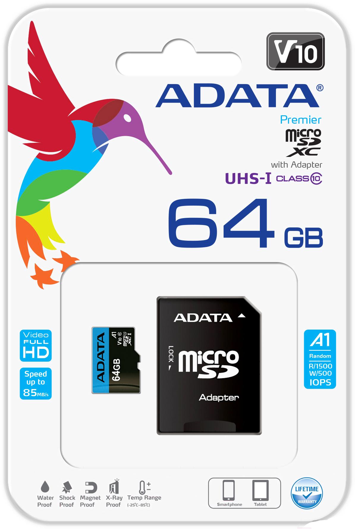 Карта памяти A-Data Premier microSDXC 64GB с адаптером (AUSDX64GUICL10A1-RA1)