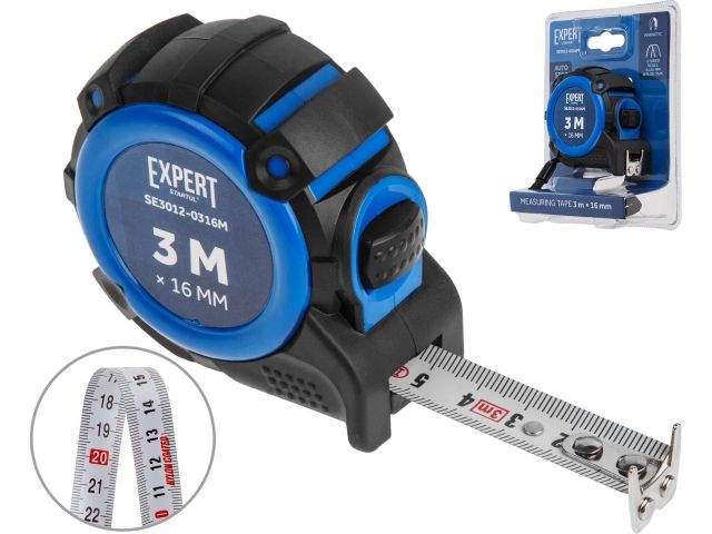 Рулетка 3м/16мм EXPERT STARTUL (SE3012-0316M) (Автостоп, двухсторонняя шкала нанесения, нейлоновое покрытие,  усиленный магнитный двухсторонний зац)