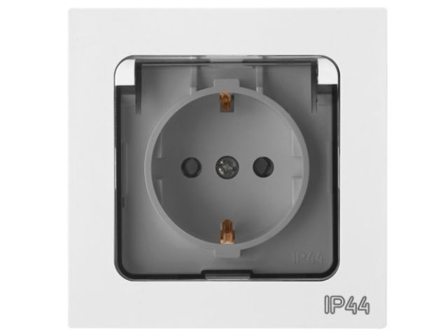 Розетка 1-ая с з/к крышкой прозрачн (скрытая, с/з, брызг. защ.) белая, Astrum, BYLECTRICA