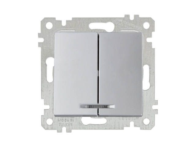 Выключатель 2-клав. (с подсветкой, скрытый, без рамки, винт. зажим) серебро, RITA, MUTLUSAN (10 A, 250 V, IP 20)