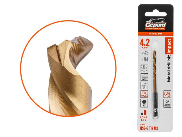 Сверло по металлу шестигр. 4.2х43х94 мм HSS-G TIN GEPARD (многогранная заточка)