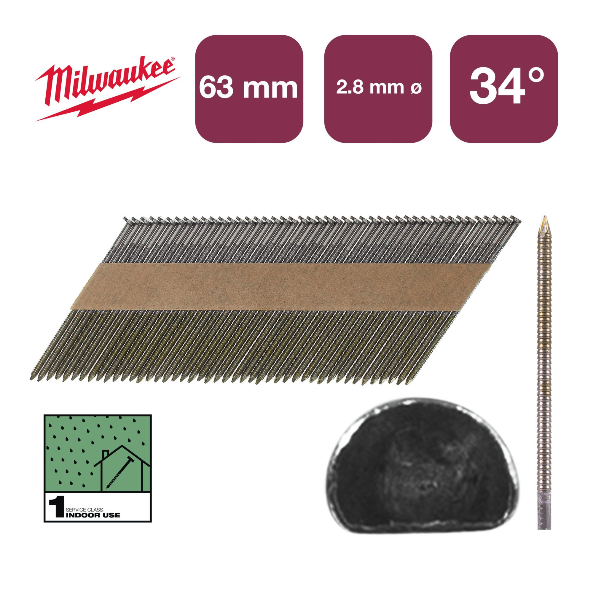 Гвозди для пистолета Milwaukee 34°/63мм RS 2200шт (4932492600)