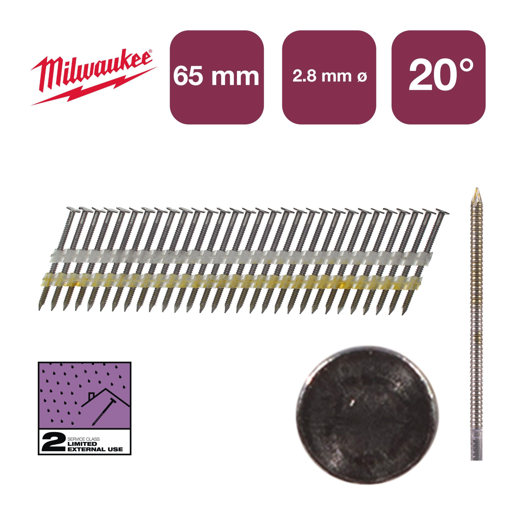Гвозди для пистолета Milwaukee 20°/65мм RS 2000шт (4932492591)
