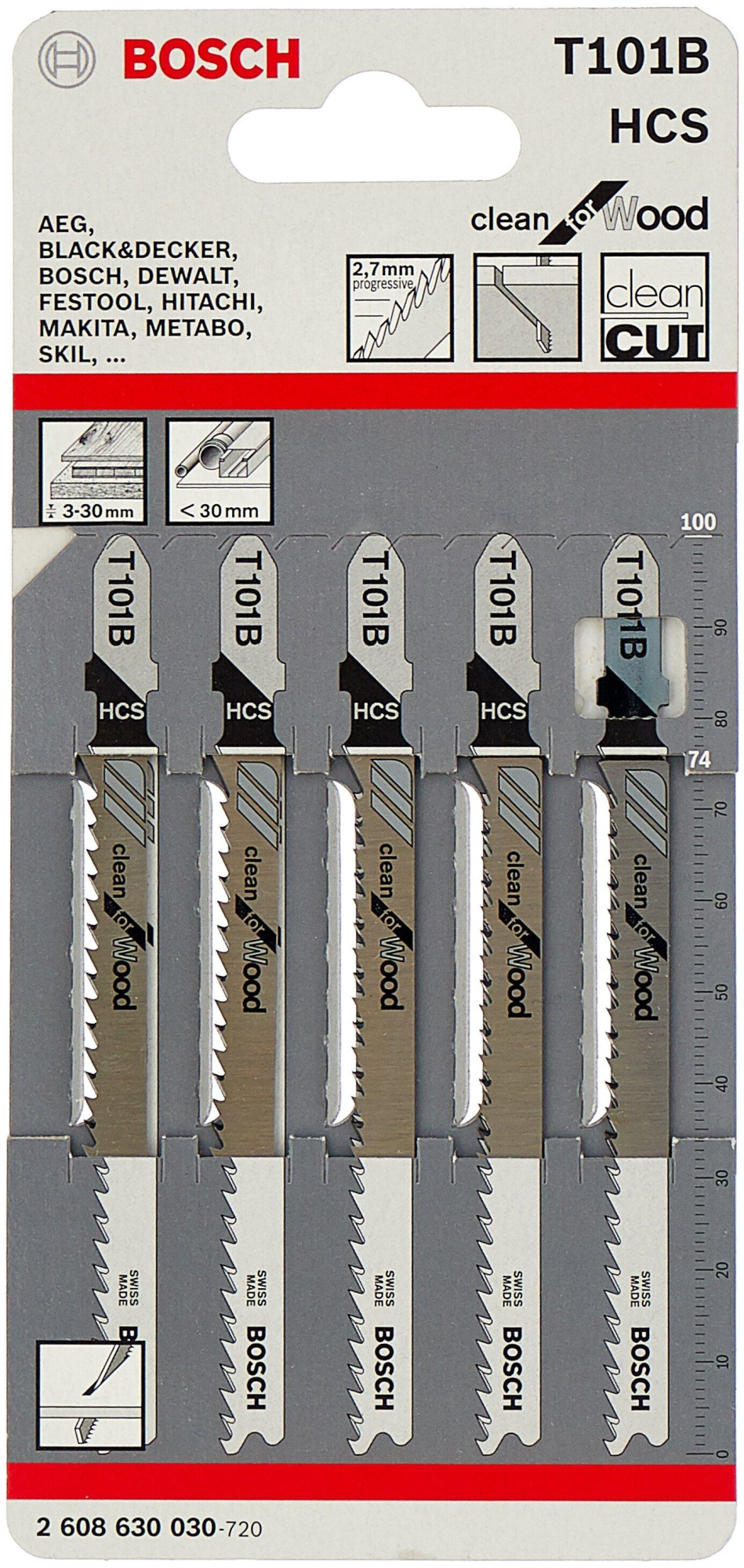 Набор пильных полотен Bosch T101B Clean for Wood 5 шт (2.608.630.030)